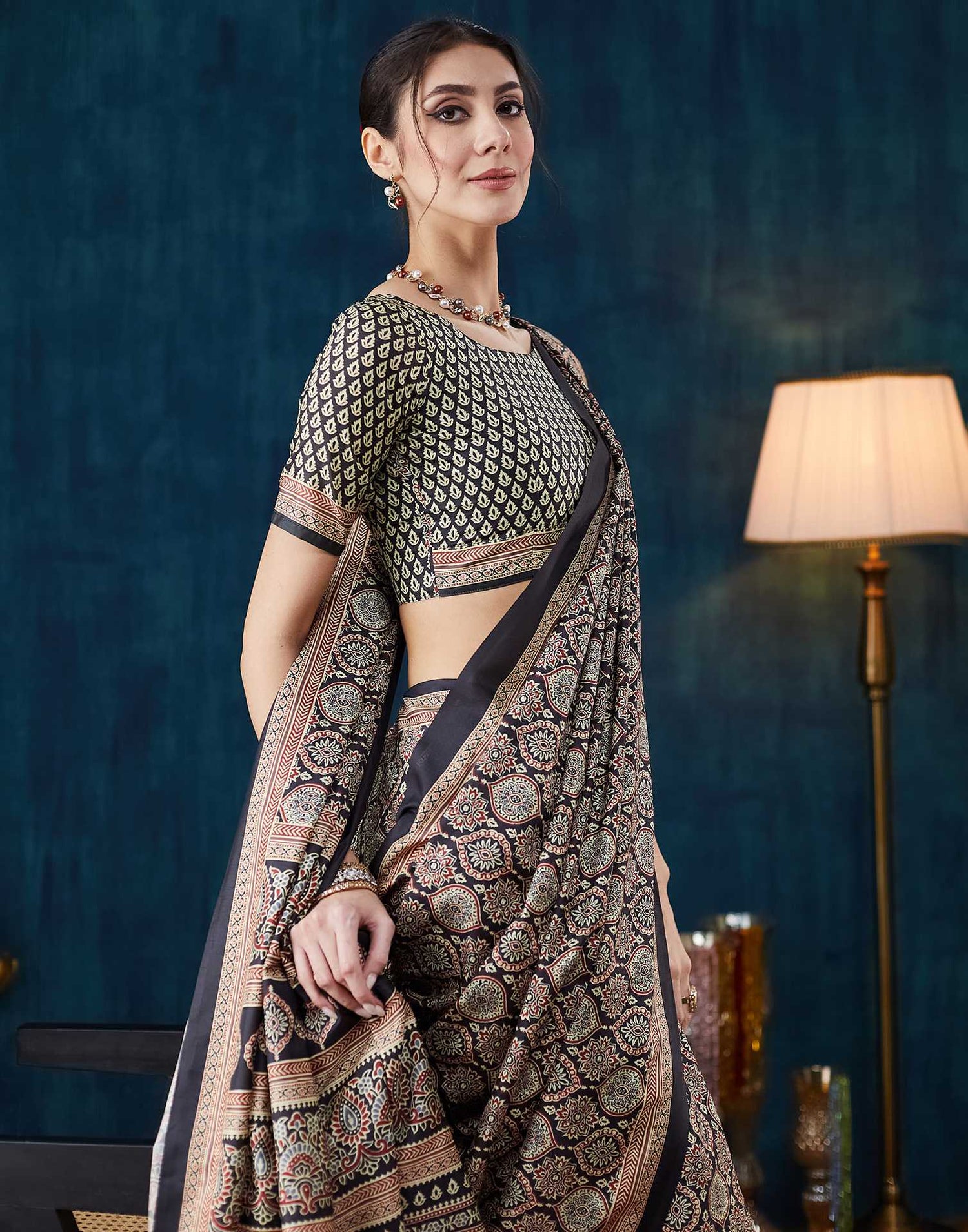 Black Ajrakh Printed Silk Saree