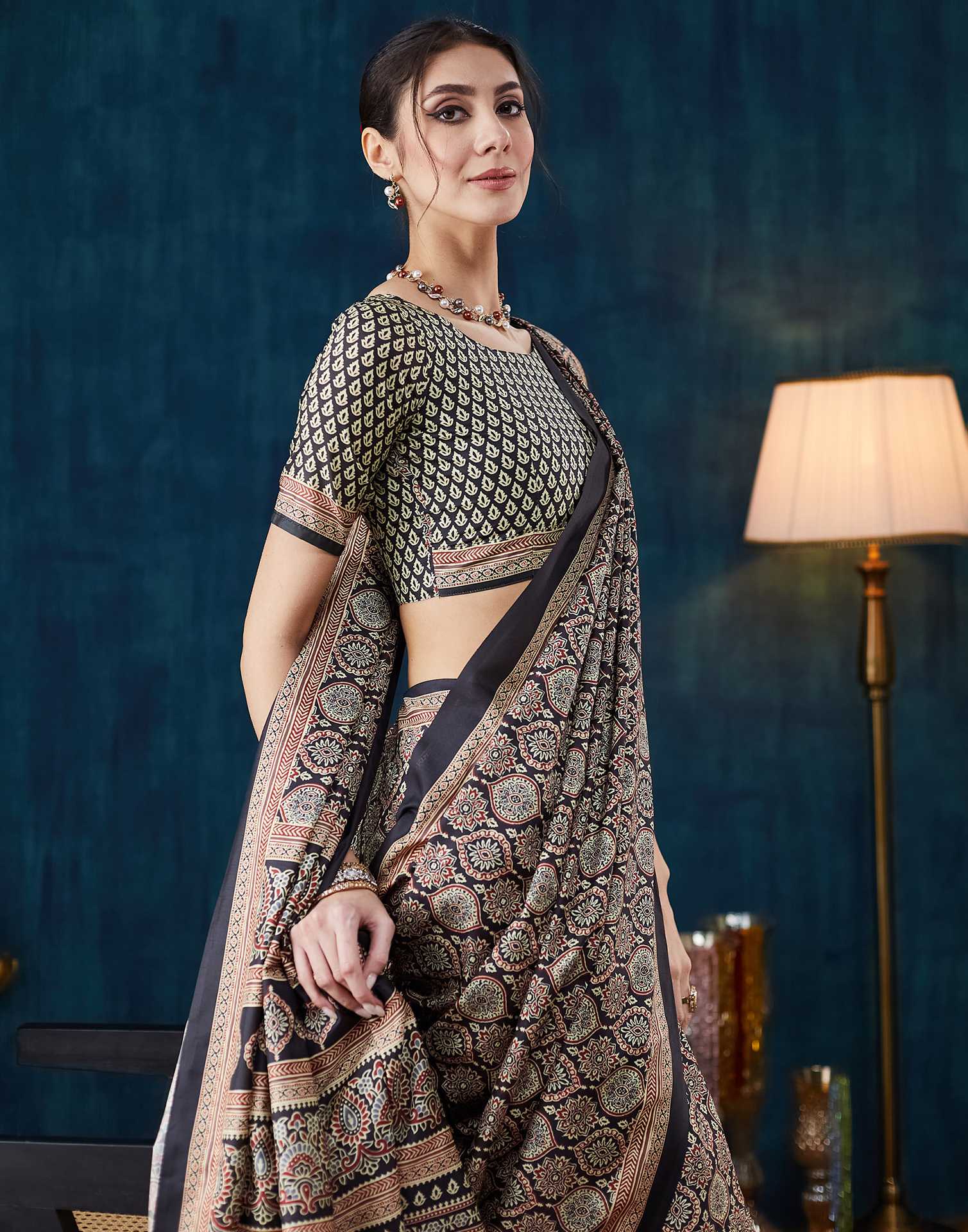 Black Ajrakh Printed Silk Saree