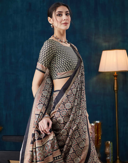 Black Ajrakh Printed Silk Saree