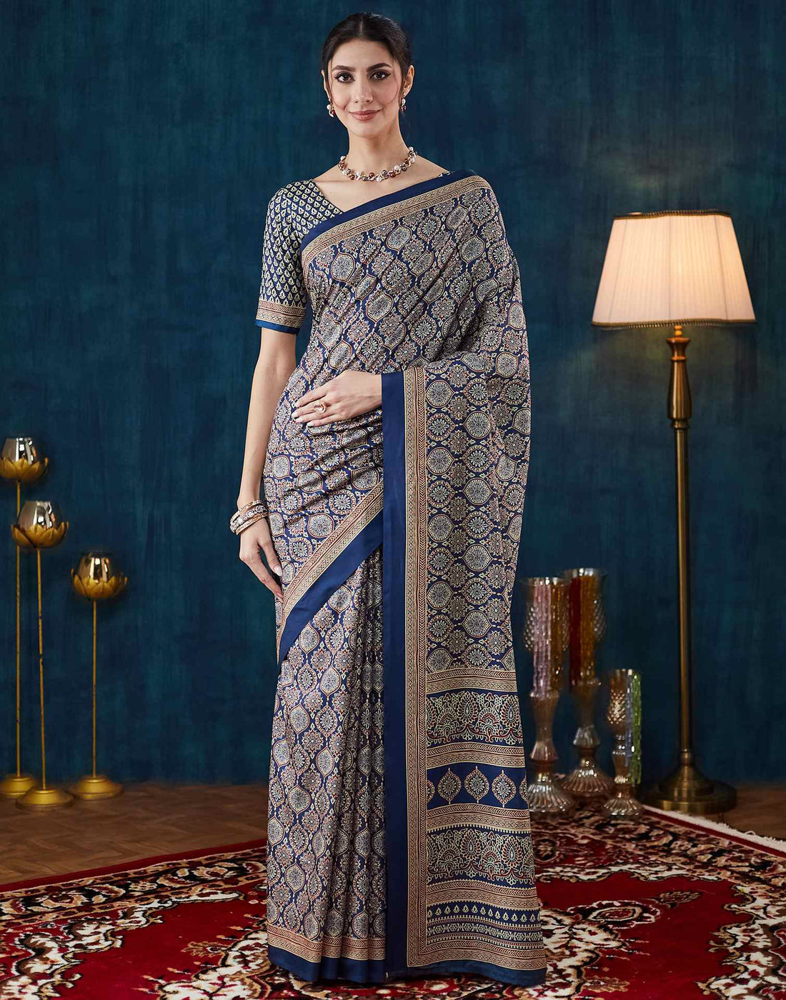 Dark Blue Ajrakh Printed Silk Saree