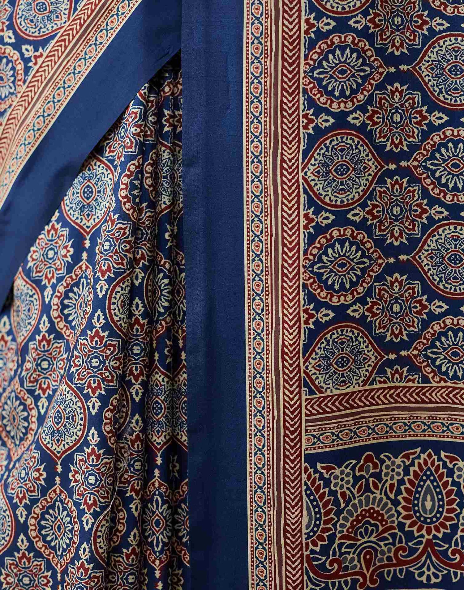 Dark Blue Ajrakh Printed Silk Saree