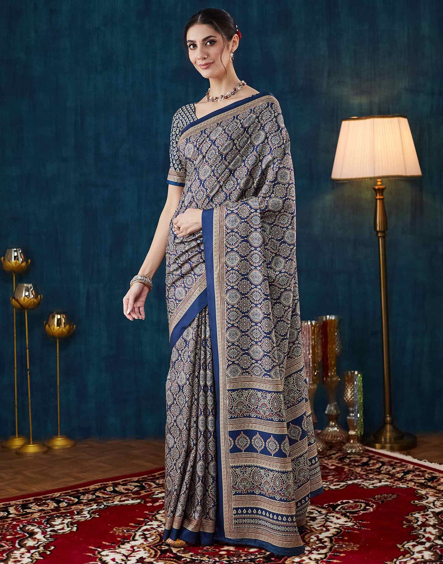 Dark Blue Ajrakh Printed Silk Saree