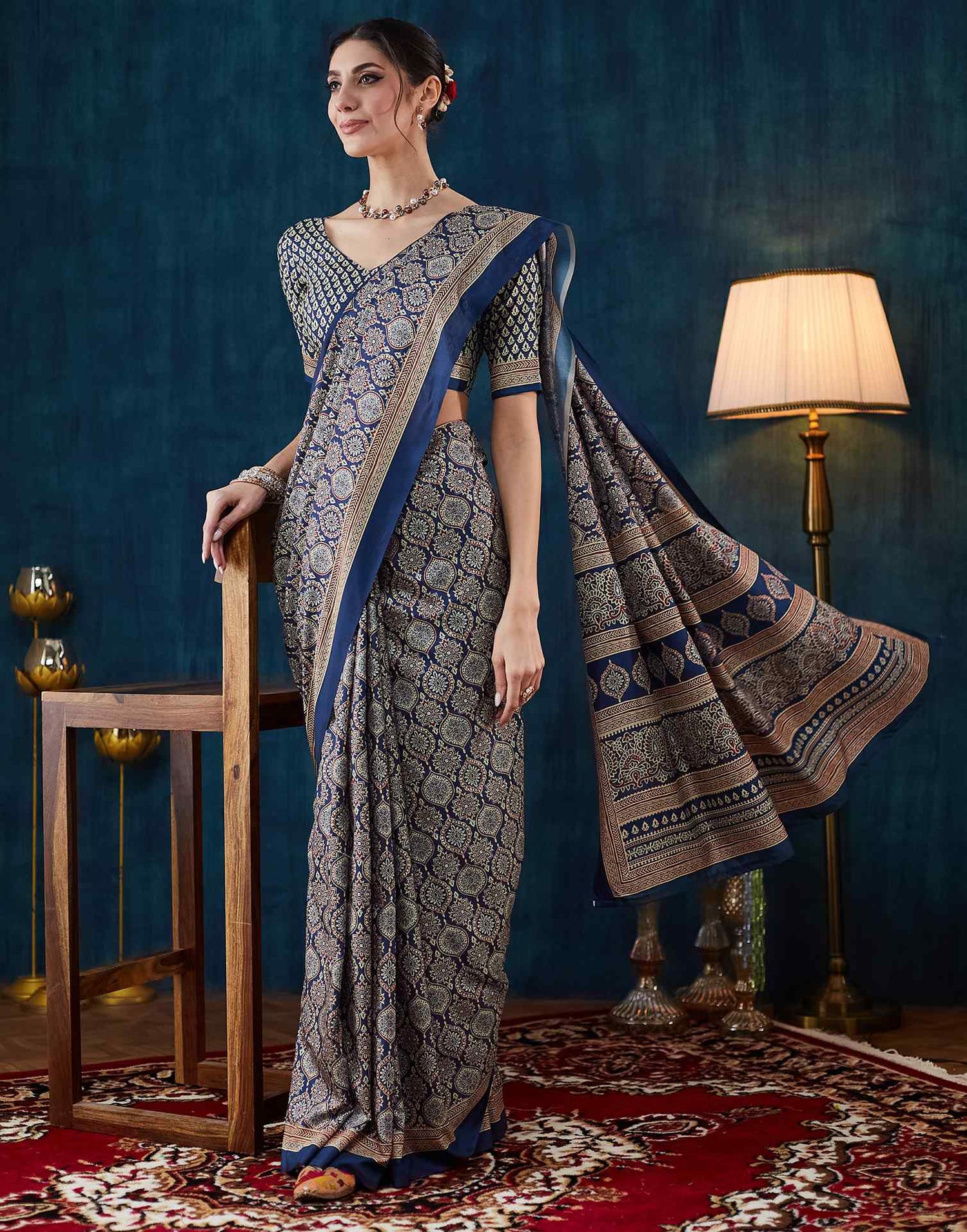 Dark Blue Ajrakh Printed Silk Saree