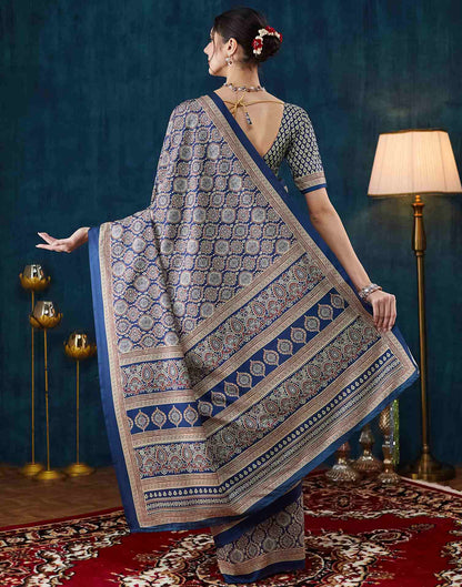 Dark Blue Ajrakh Printed Silk Saree