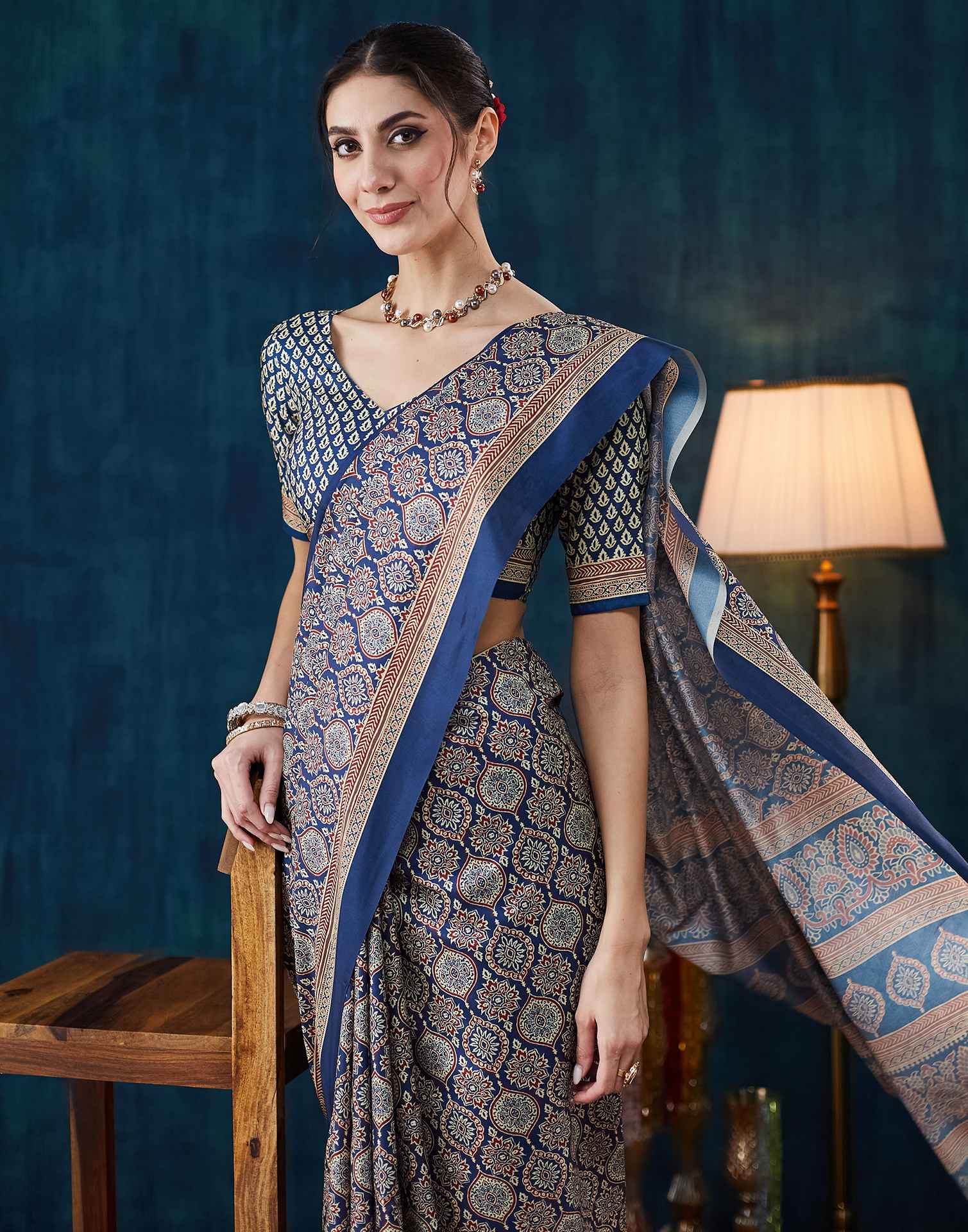 Dark Blue Ajrakh Printed Silk Saree