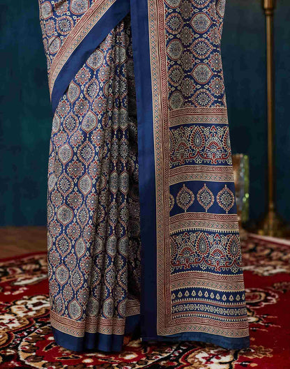 Dark Blue Ajrakh Printed Silk Saree