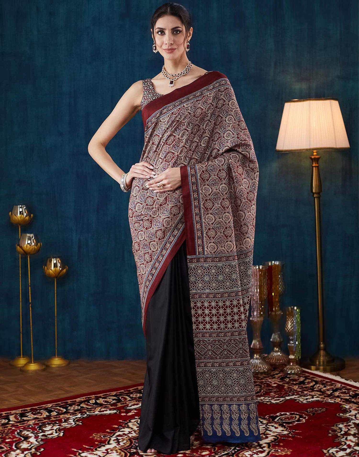 Black Ajrakh Printed Silk Saree