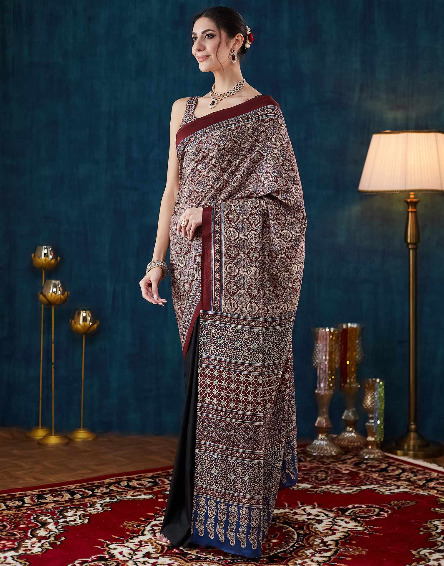 Black Ajrakh Printed Silk Saree