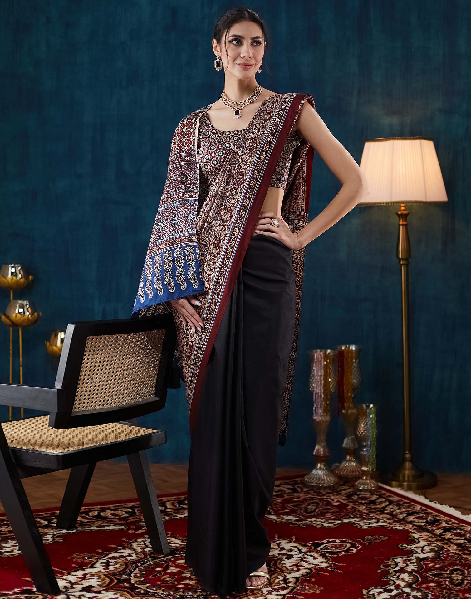 Black Ajrakh Printed Silk Saree