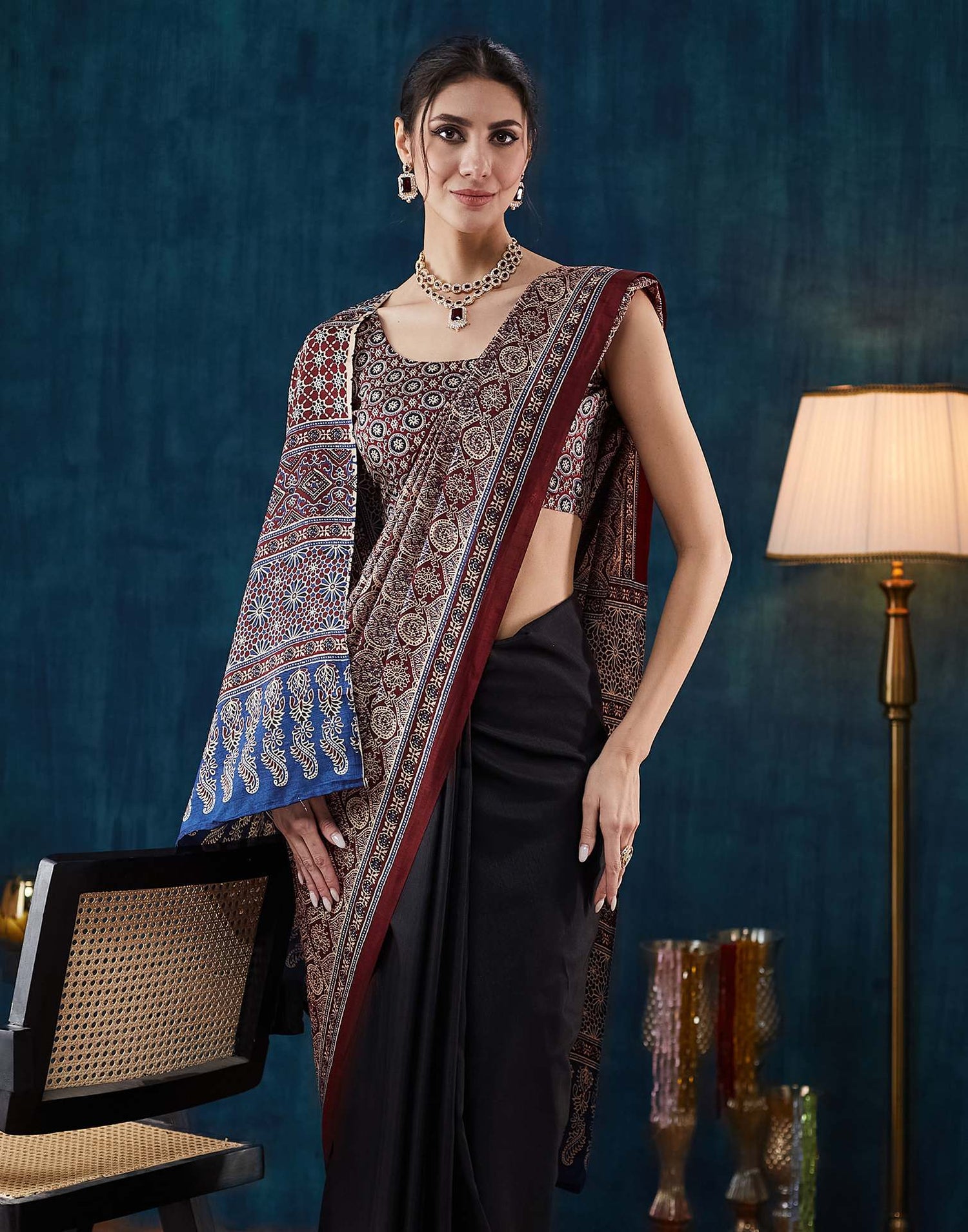 Black Ajrakh Printed Silk Saree