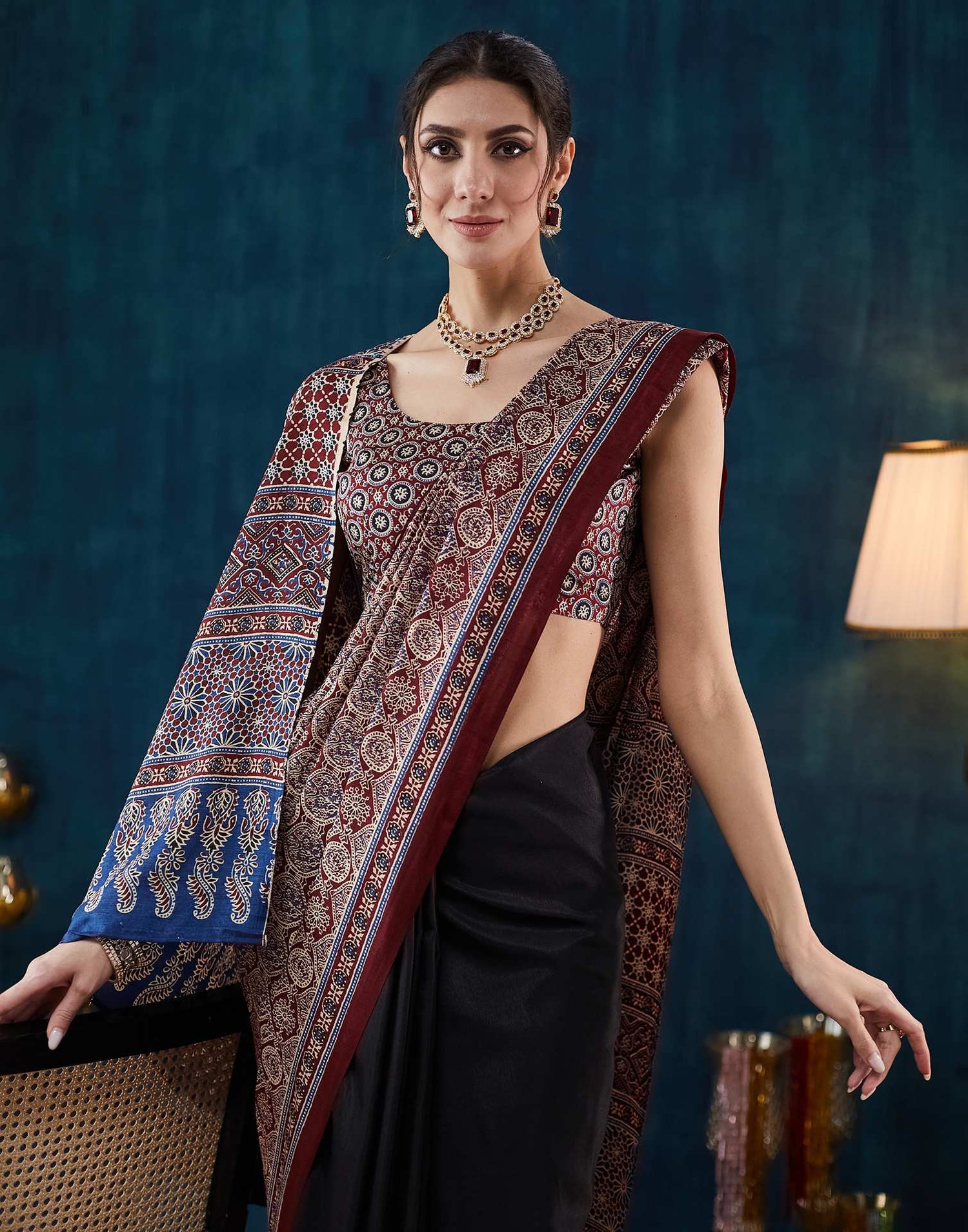 Black Ajrakh Printed Silk Saree