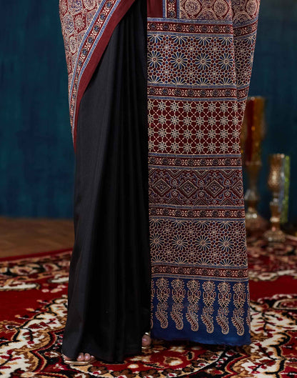 Black Ajrakh Printed Silk Saree