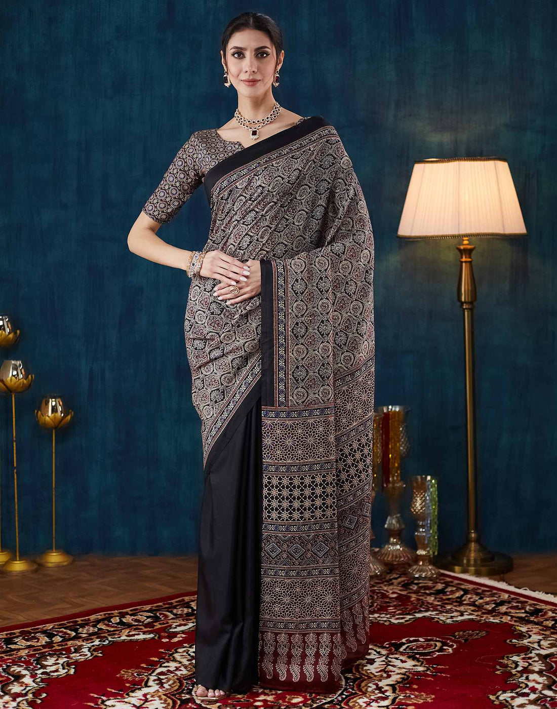 Black Ajrakh Printed Silk Saree