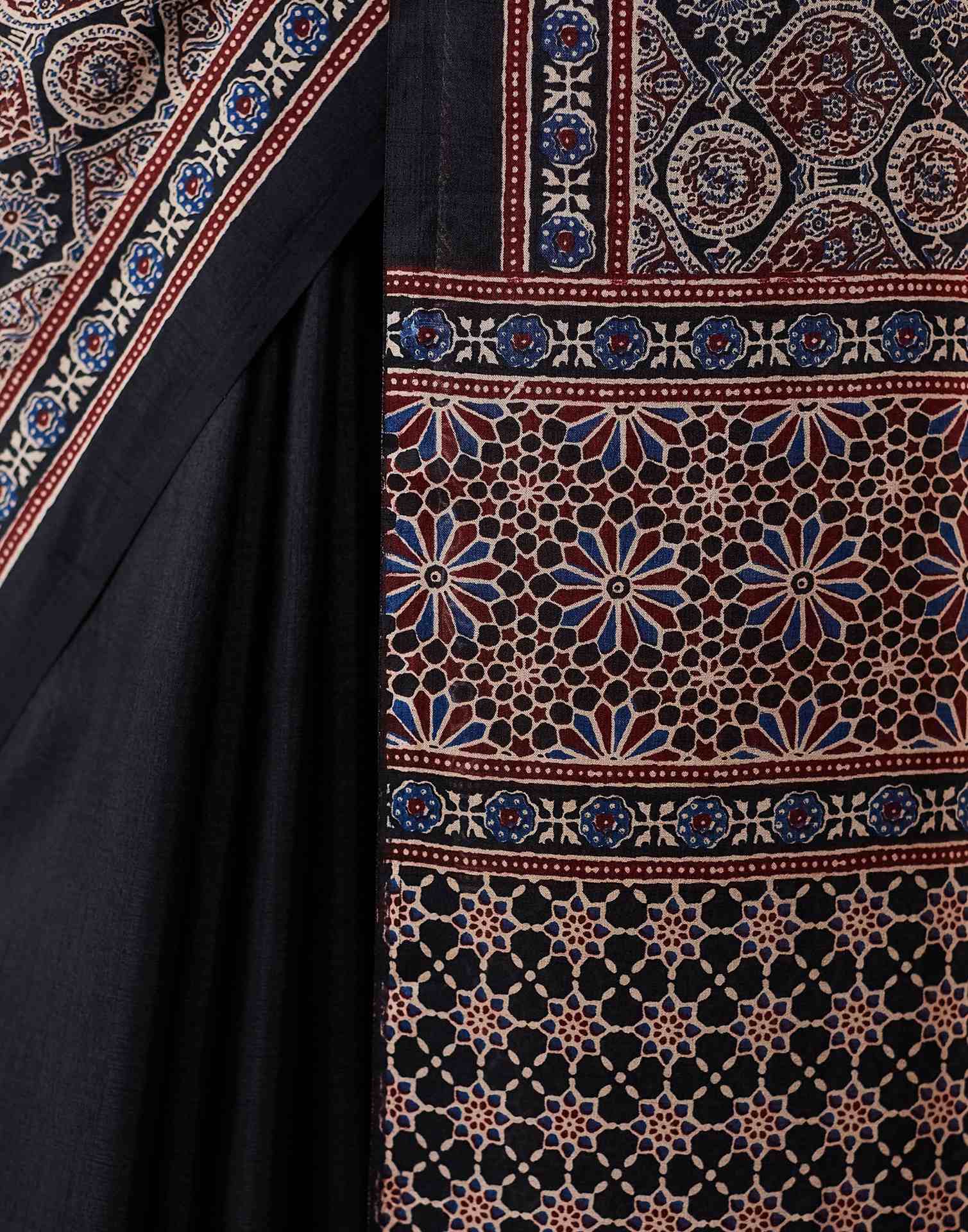 Black Ajrakh Printed Silk Saree