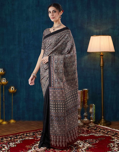 Black Ajrakh Printed Silk Saree