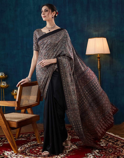 Black Ajrakh Printed Silk Saree