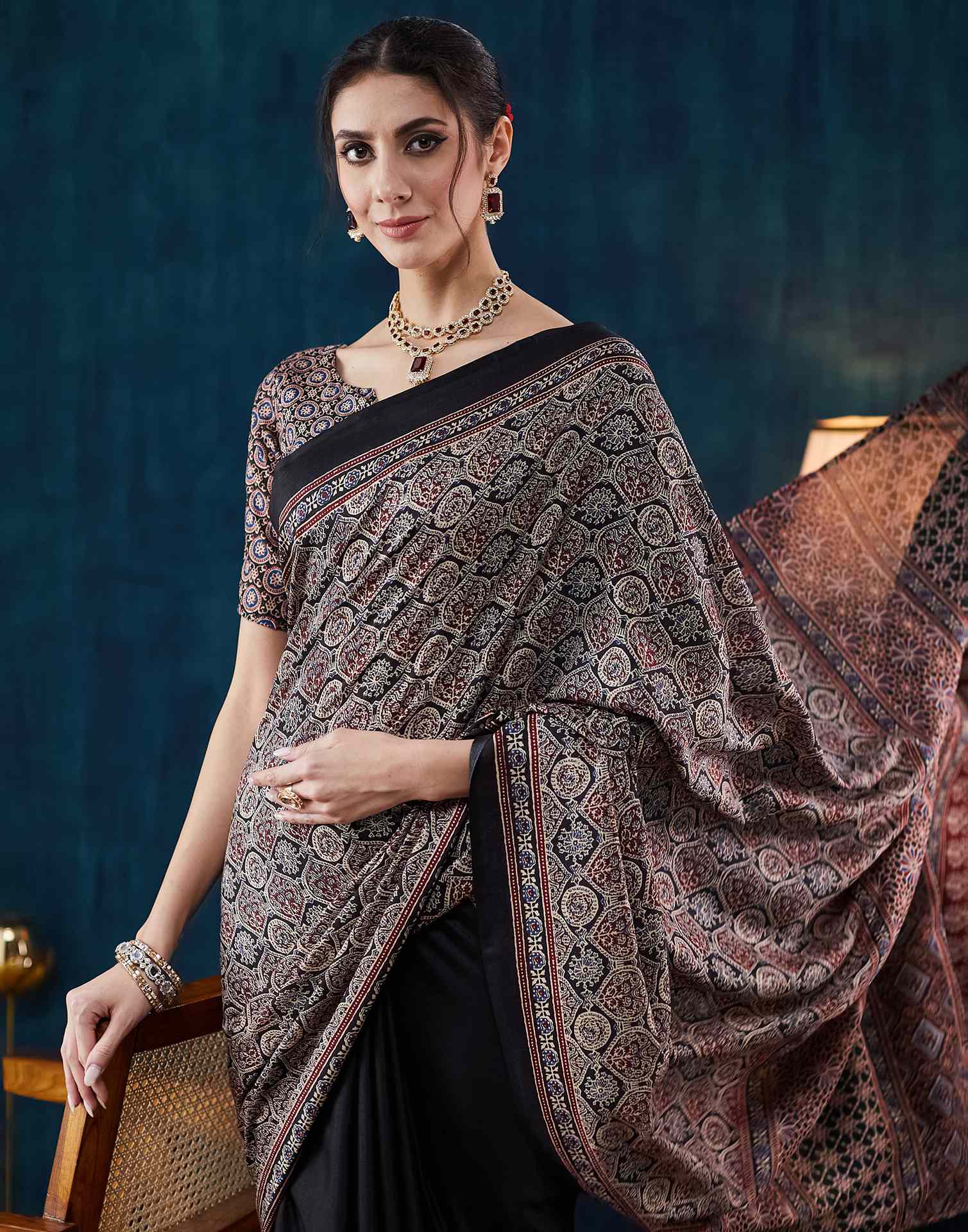 Black Ajrakh Printed Silk Saree