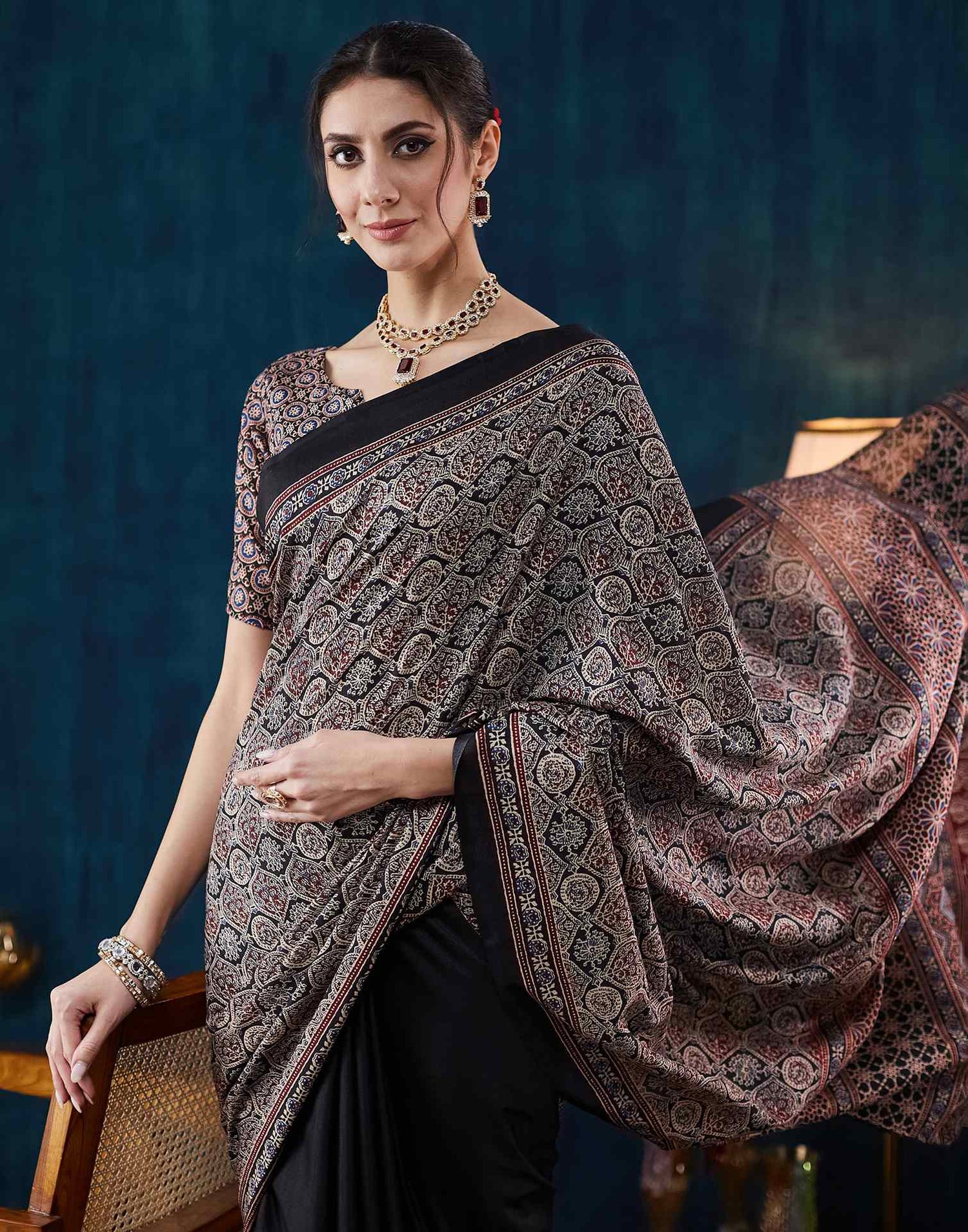 Black Ajrakh Printed Silk Saree