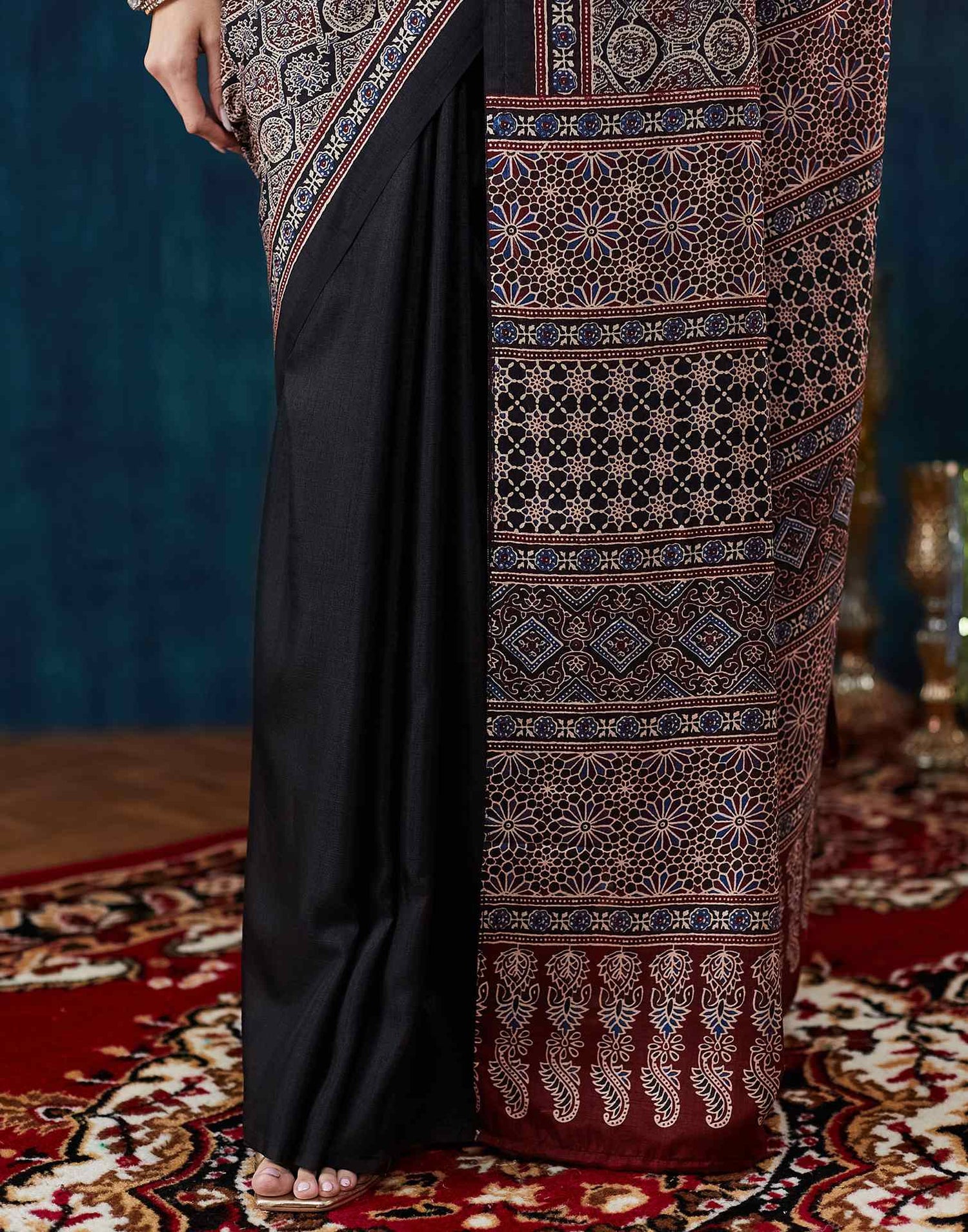 Black Ajrakh Printed Silk Saree