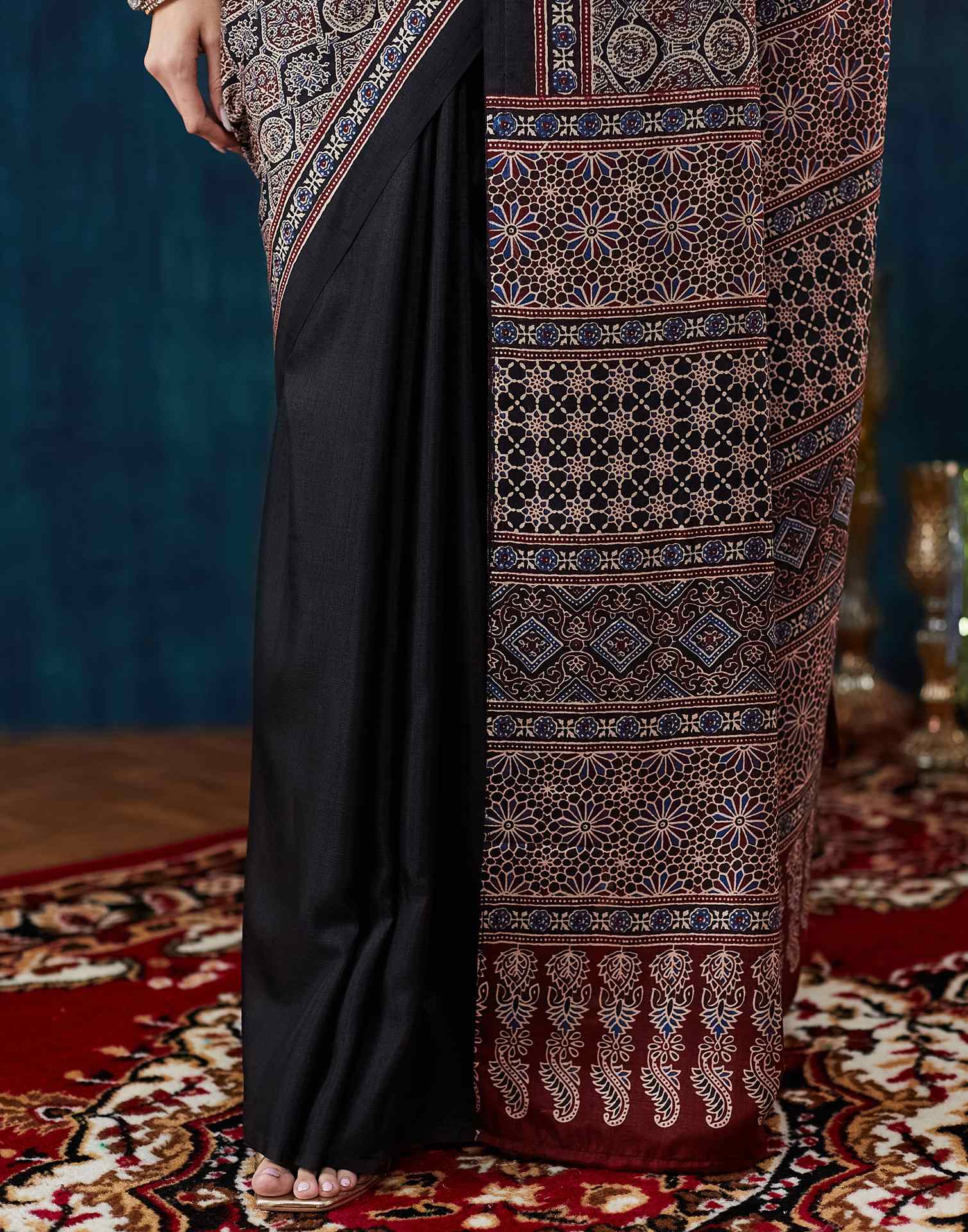 Black Ajrakh Printed Silk Saree