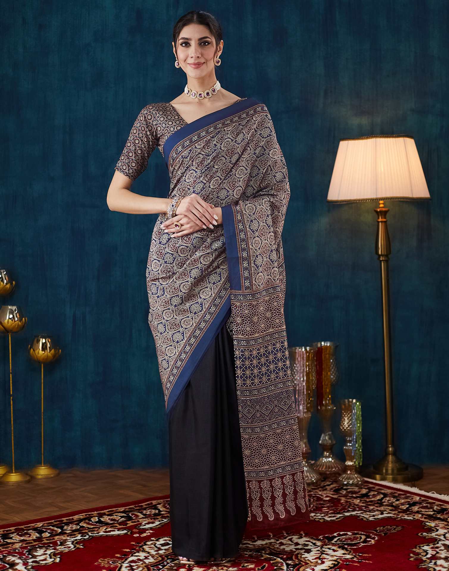 Black Ajrakh Printed Silk Saree