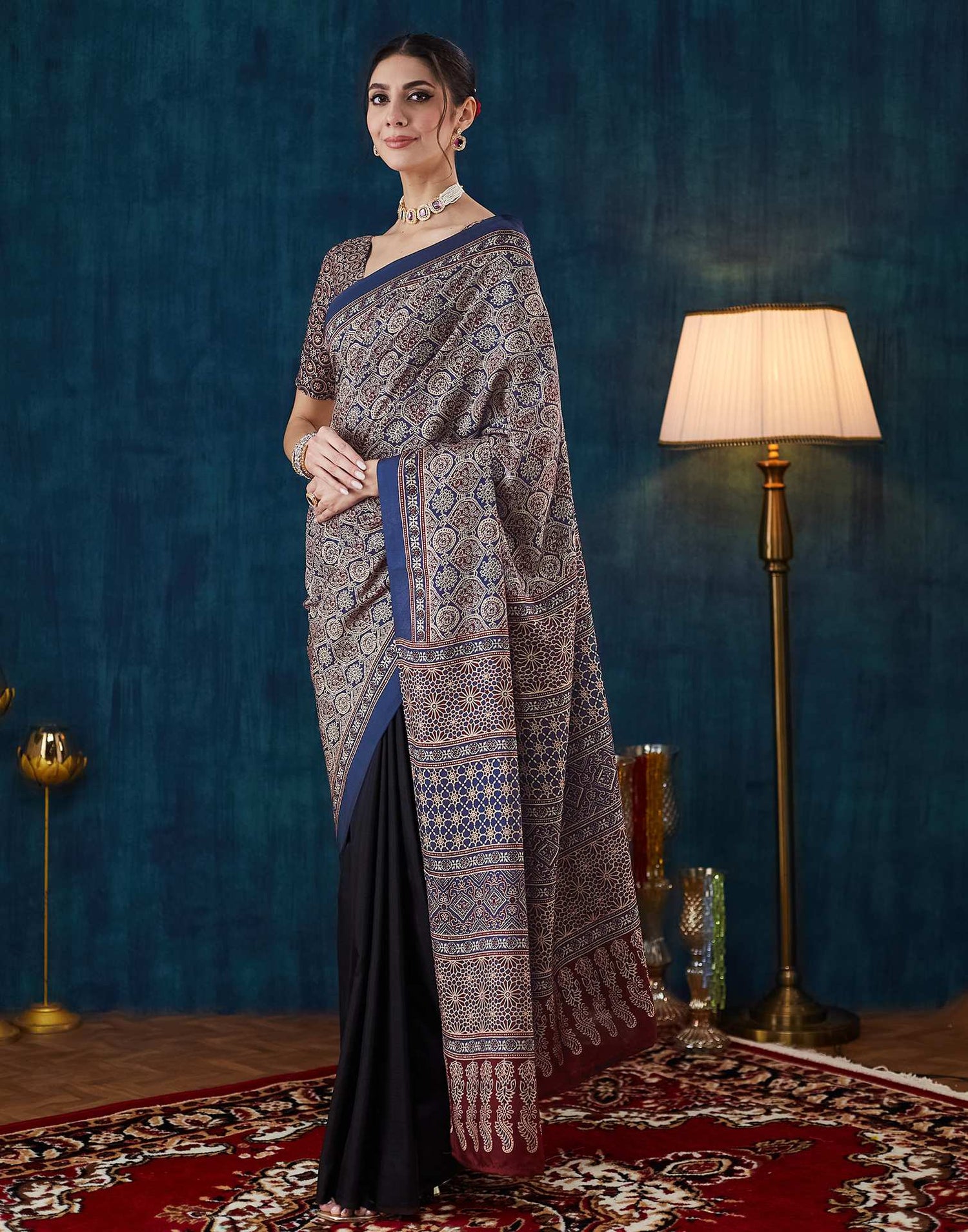 Black Ajrakh Printed Silk Saree