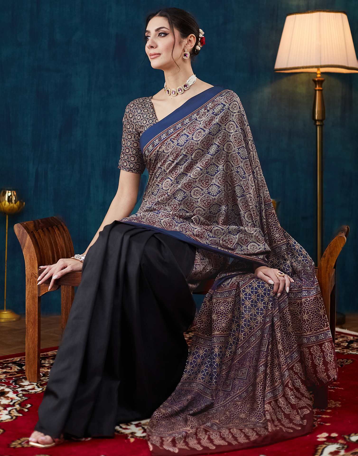 Black Ajrakh Printed Silk Saree