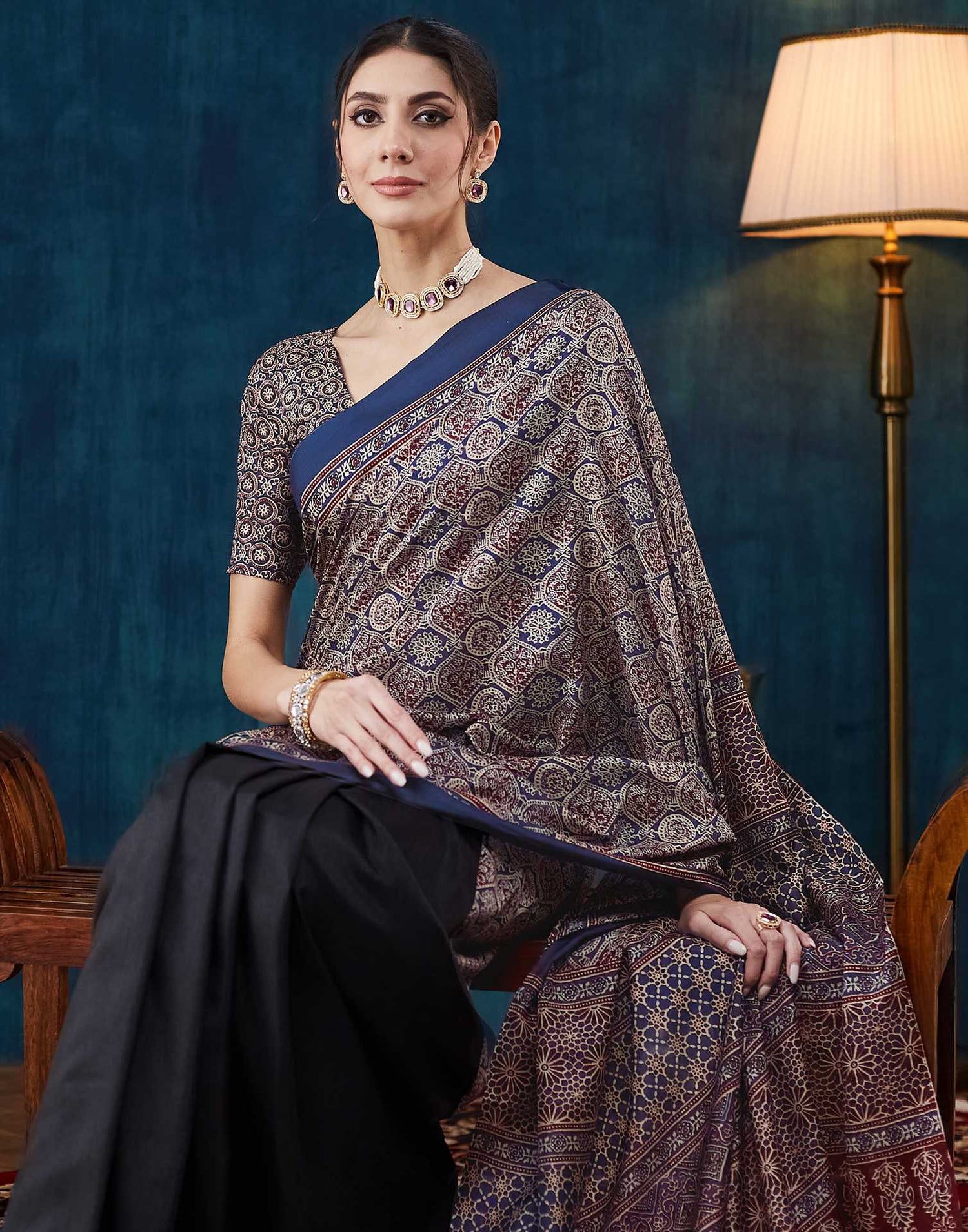 Black Ajrakh Printed Silk Saree