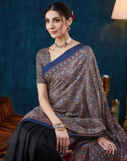 Black Ajrakh Printed Silk Saree