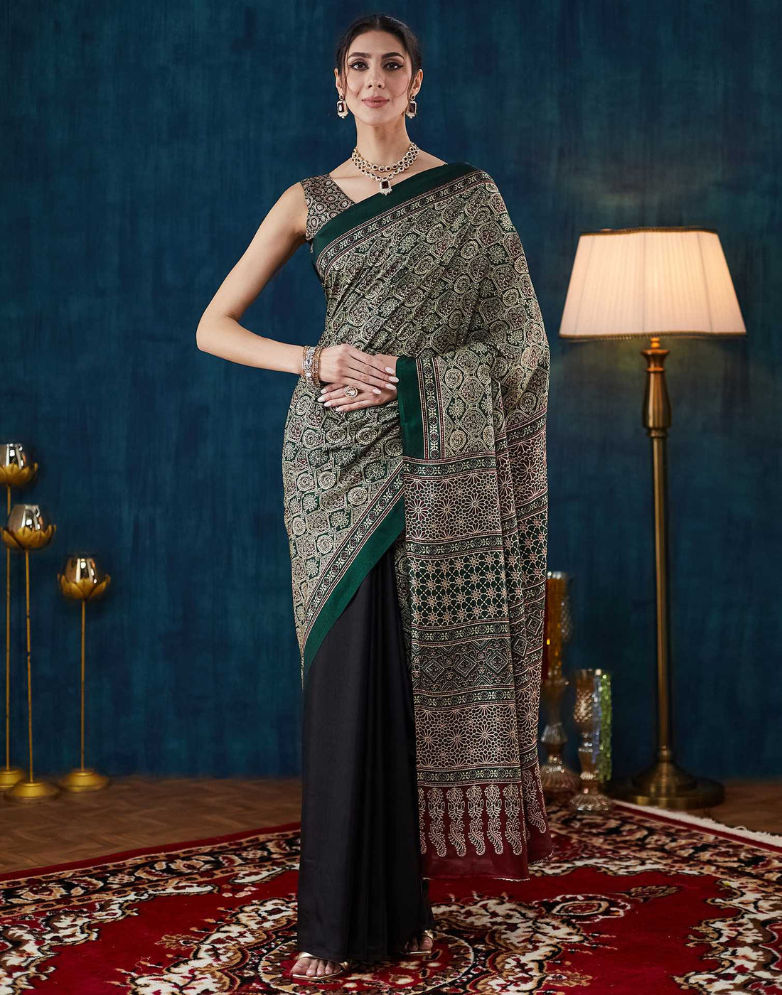 Black Ajrakh Printed Silk Saree