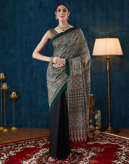 Black Ajrakh Printed Silk Saree