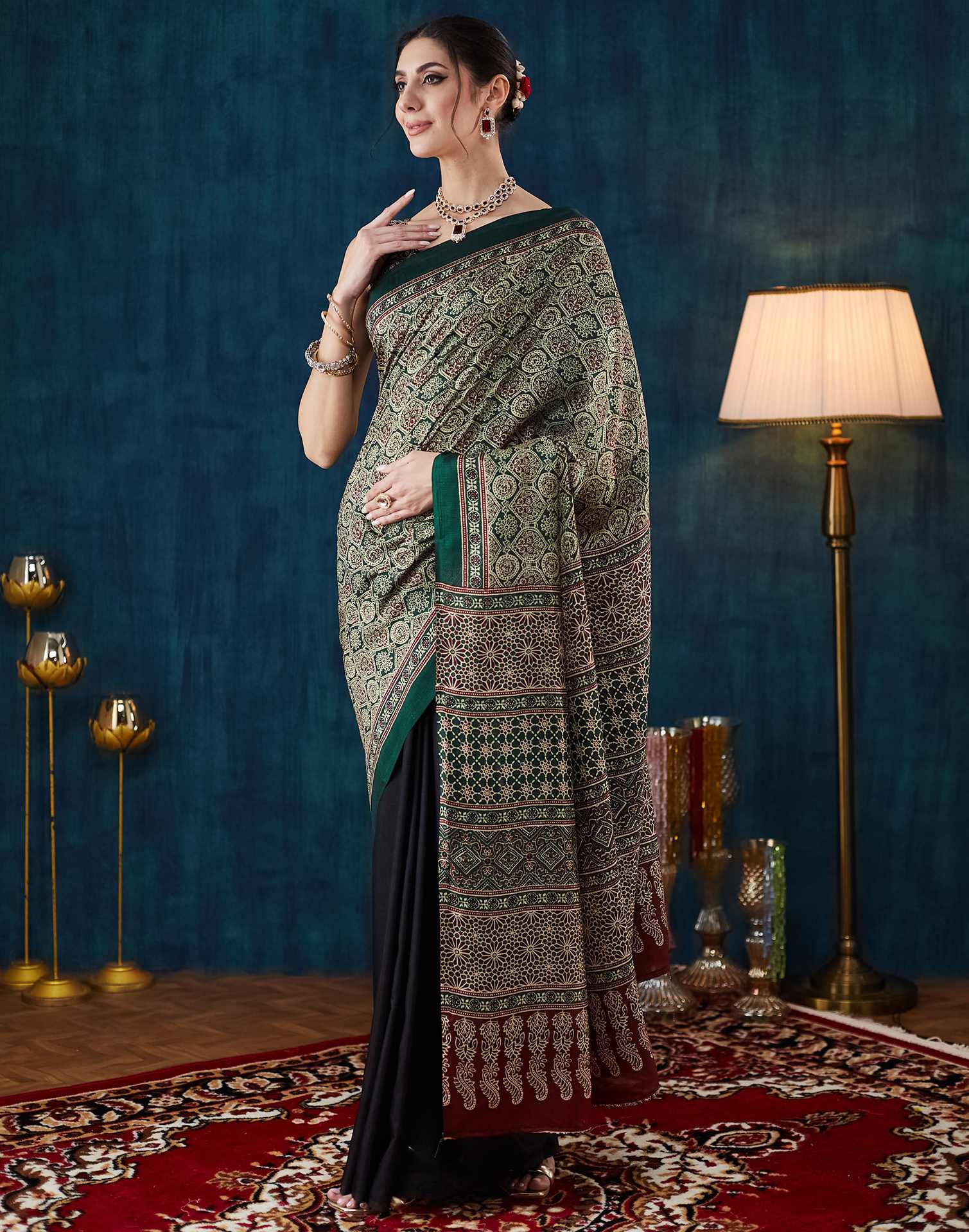 Black Ajrakh Printed Silk Saree