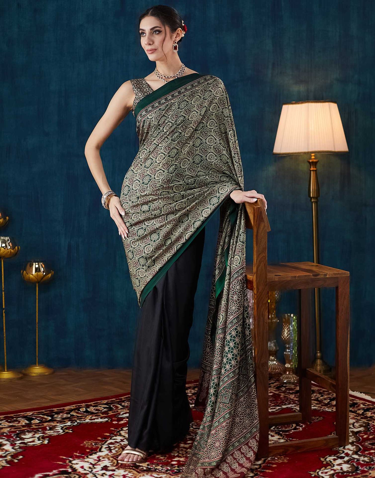 Black Ajrakh Printed Silk Saree