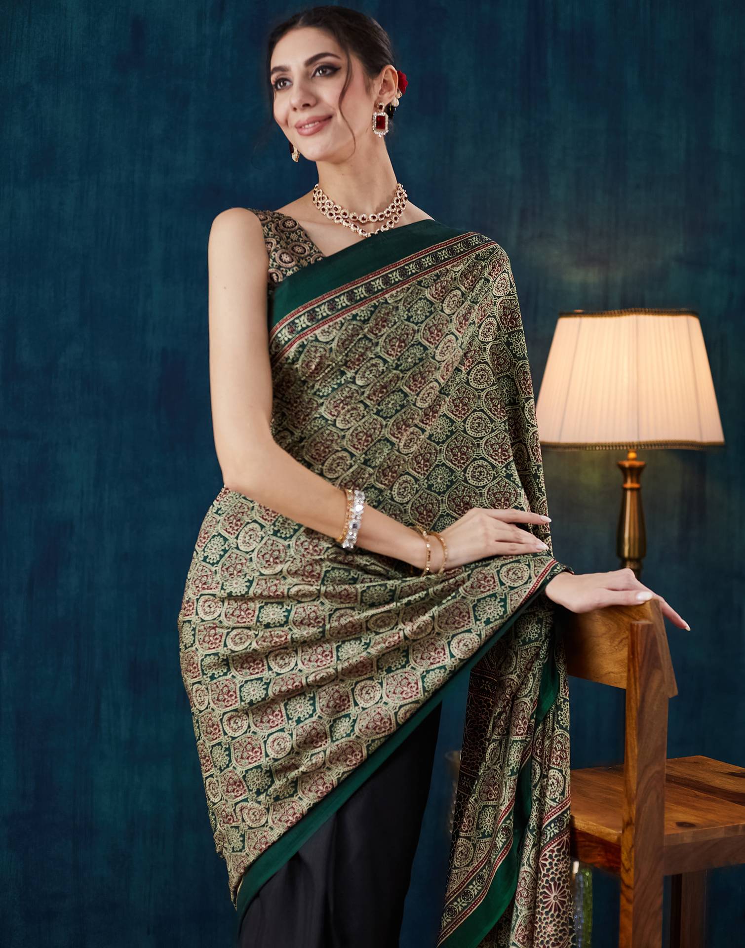 Black Ajrakh Printed Silk Saree