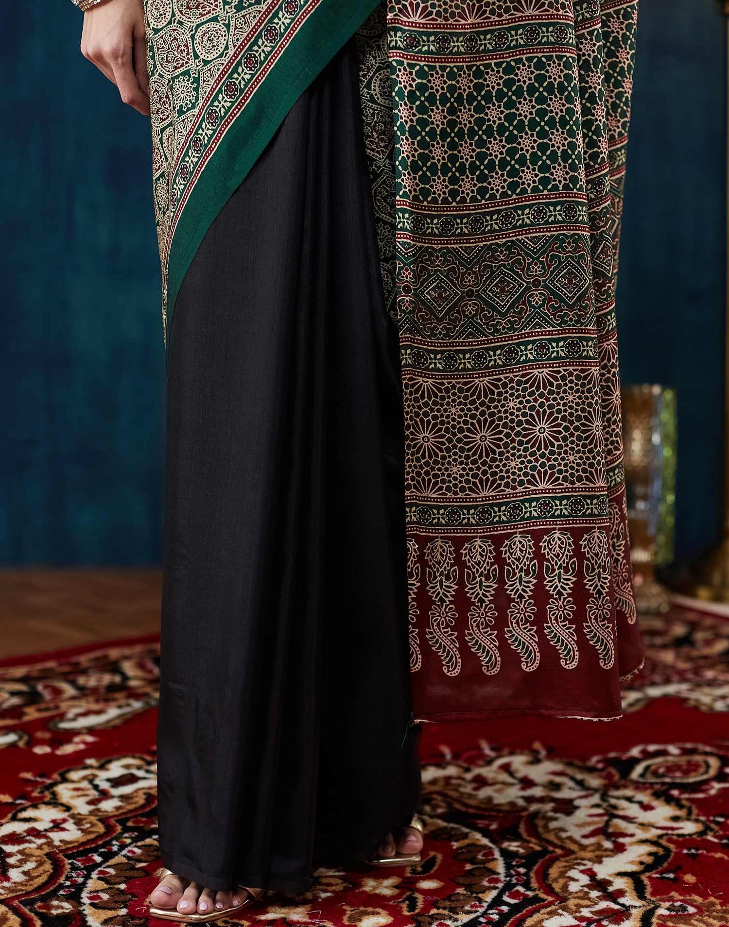 Black Ajrakh Printed Silk Saree