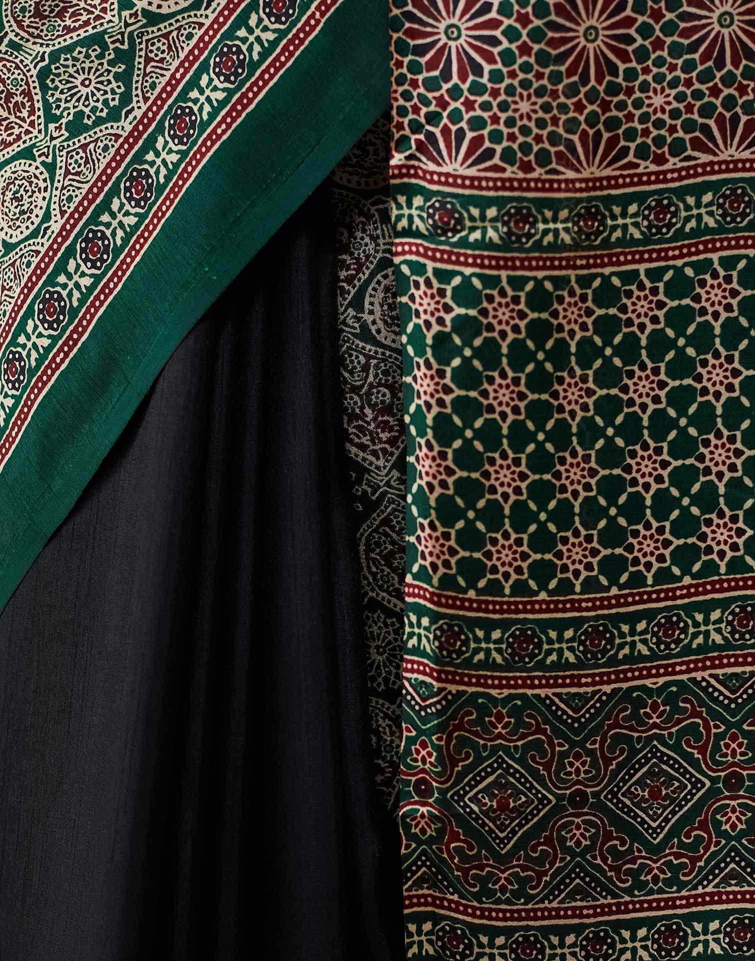 Black Ajrakh Printed Silk Saree