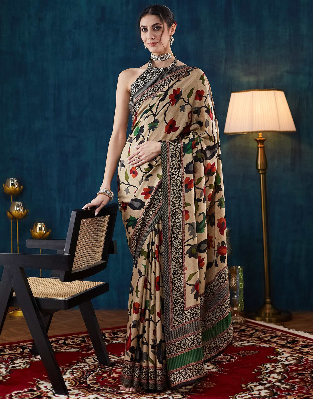 Beige Printed Silk Saree