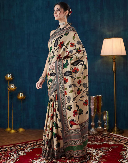 Beige Printed Silk Saree