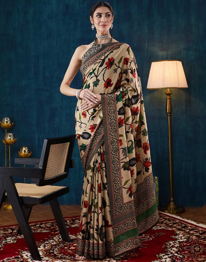 Beige Printed Silk Saree