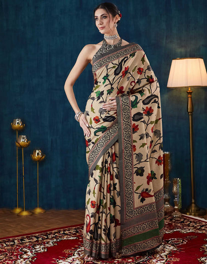 Beige Printed Silk Saree