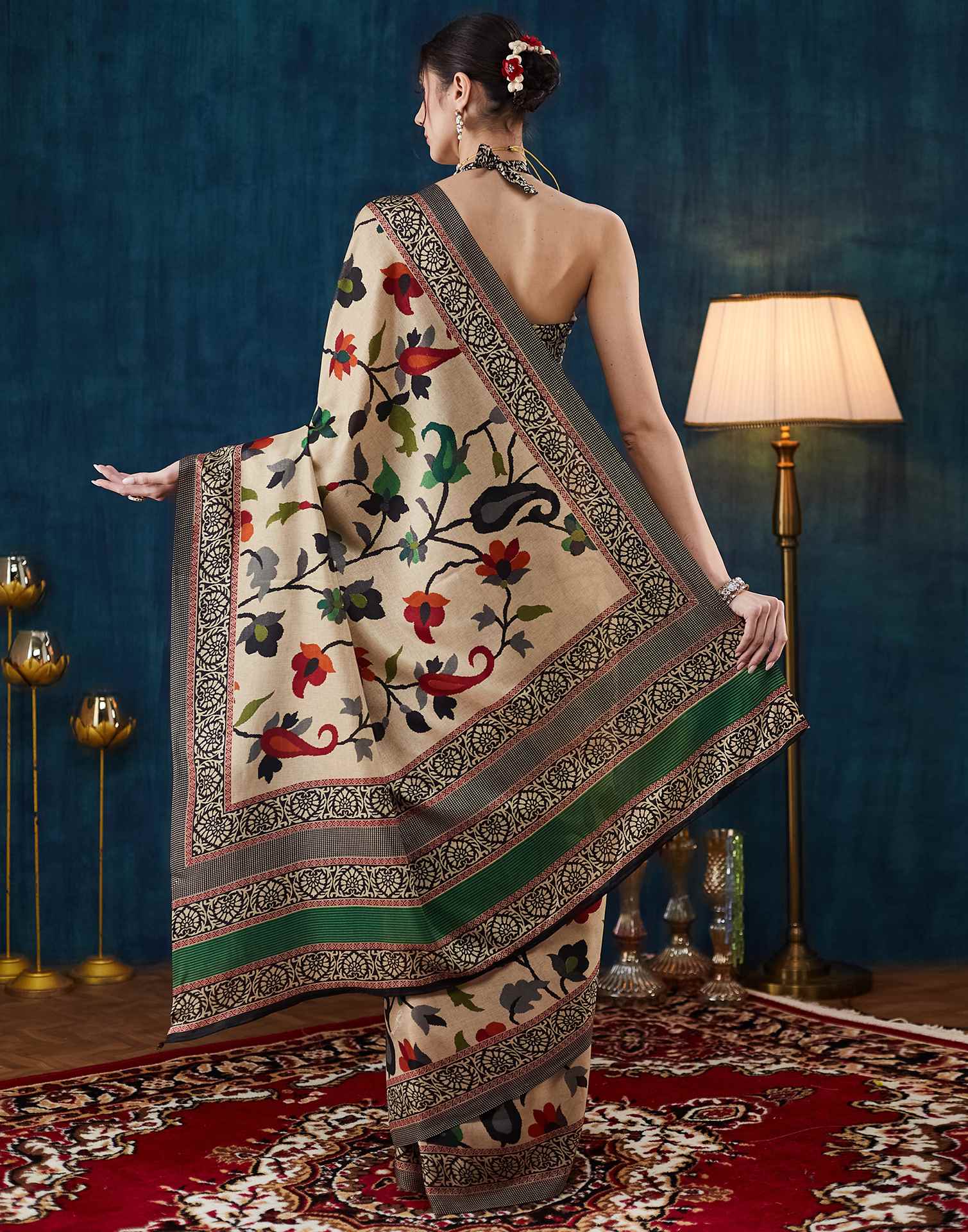 Beige Printed Silk Saree