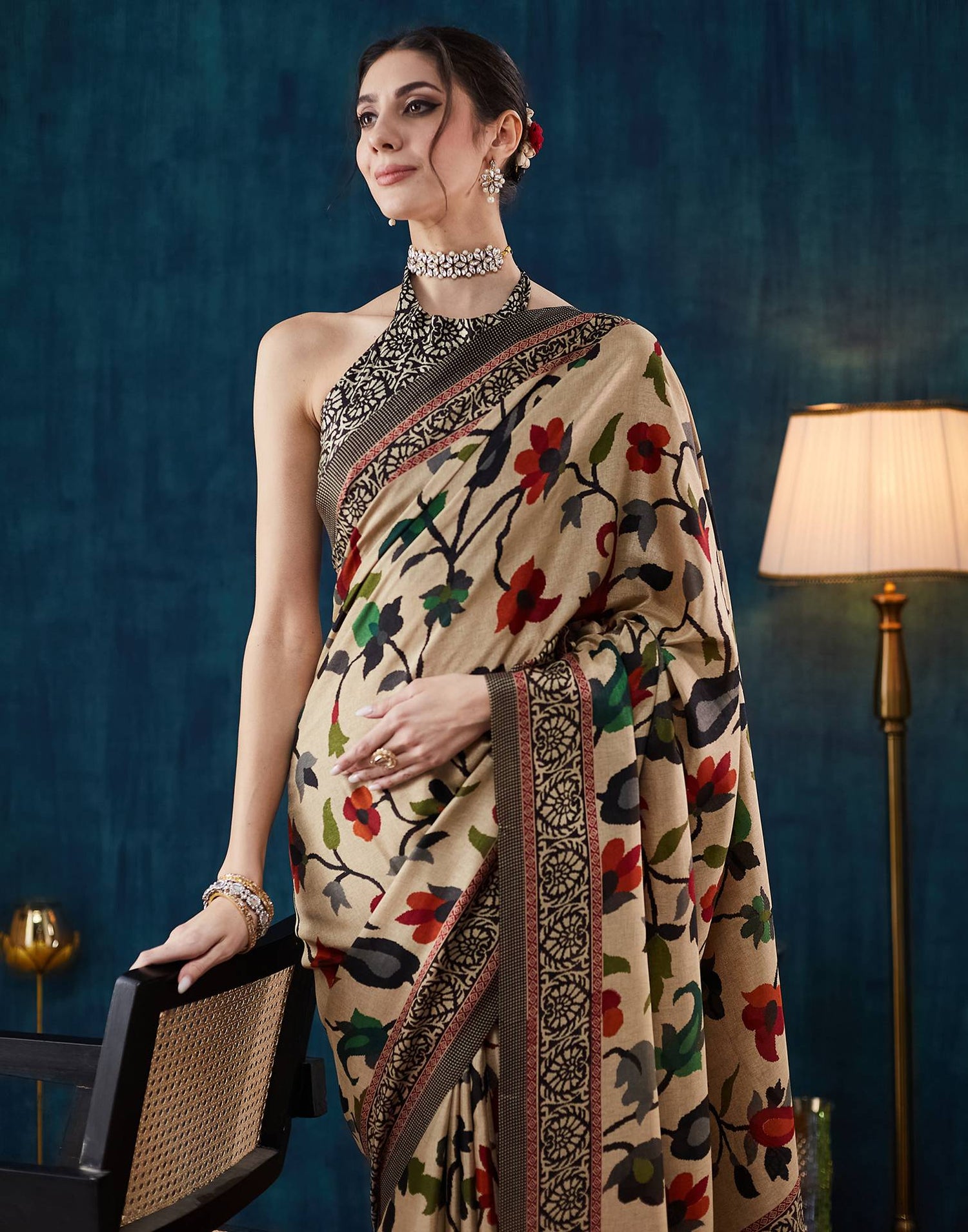 Beige Printed Silk Saree