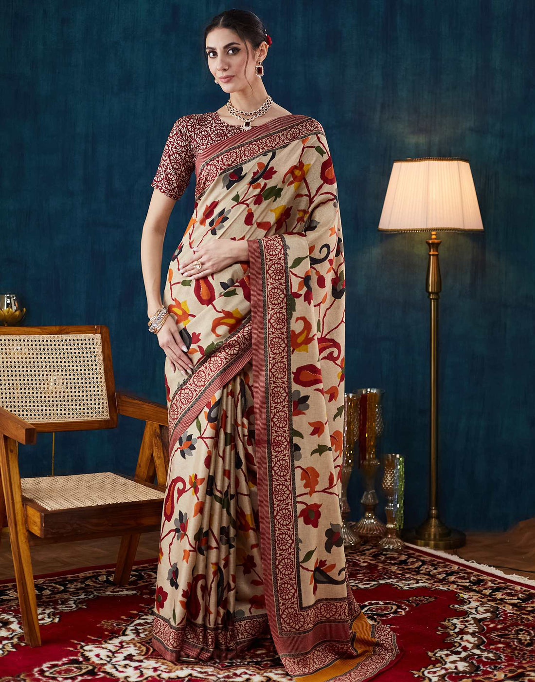 Beige Floral Printed Silk Saree