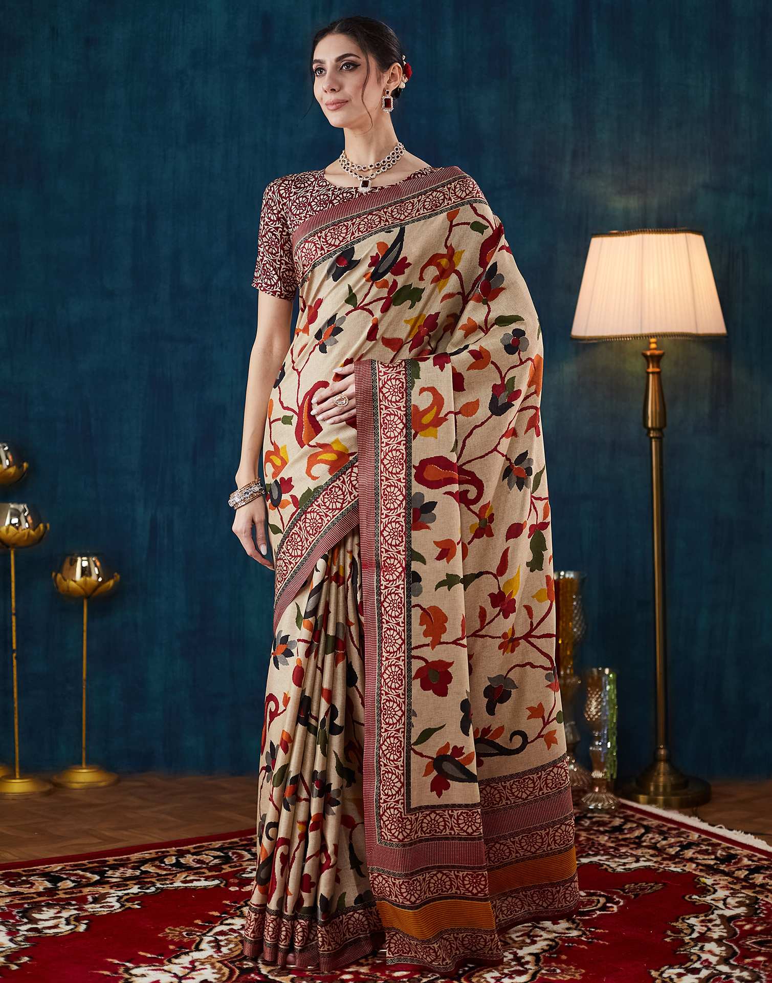 Beige Printed Silk Saree