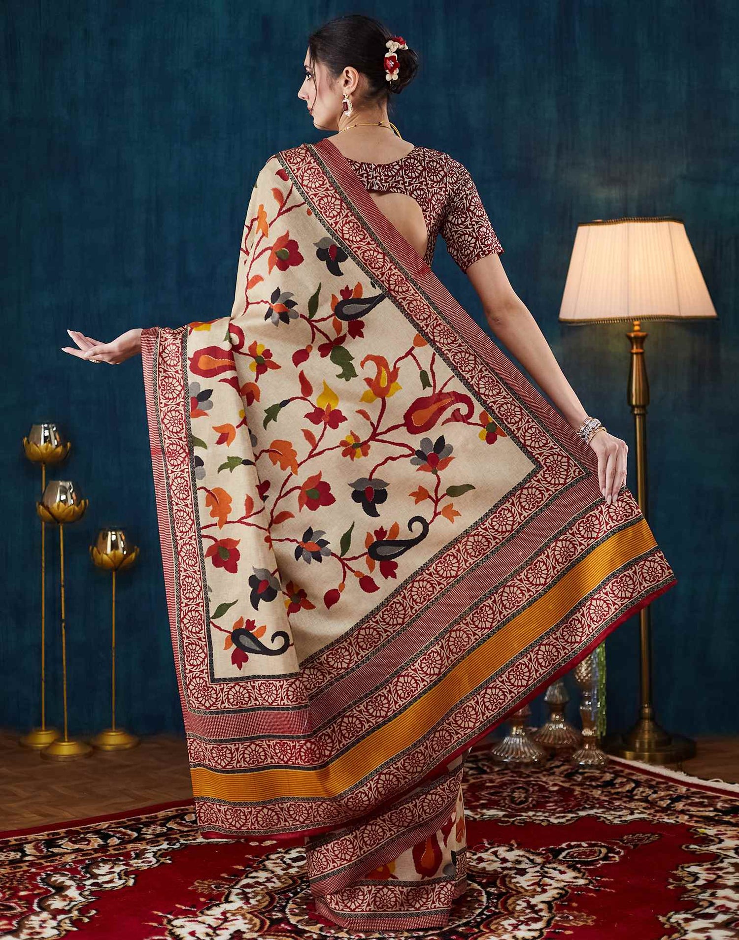 Beige Printed Silk Saree