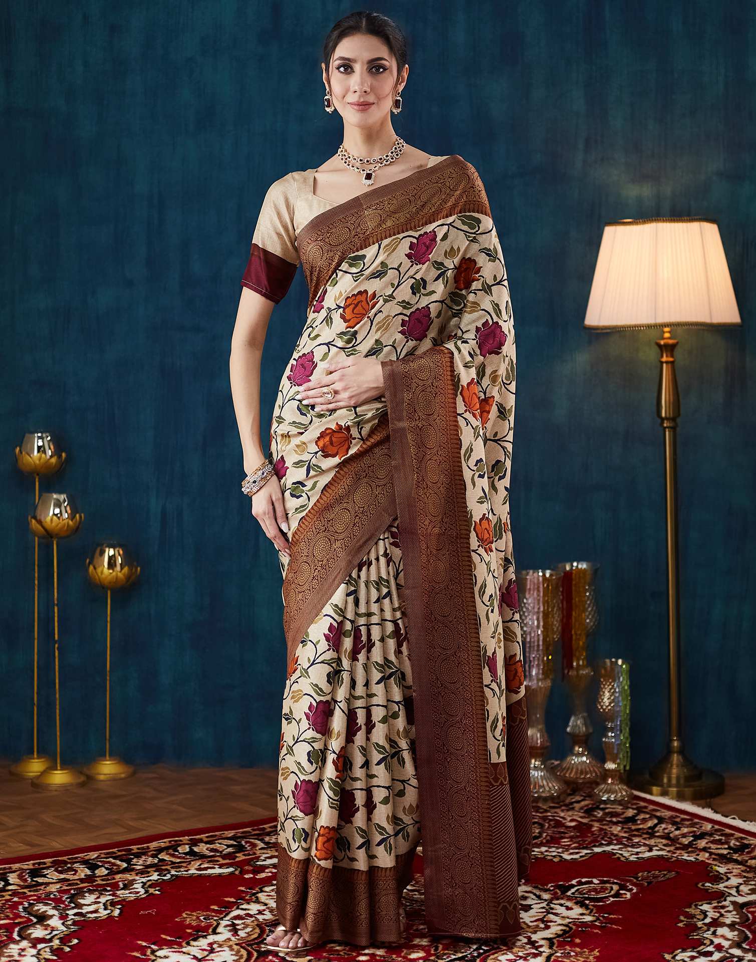 Beige Printed Silk Saree