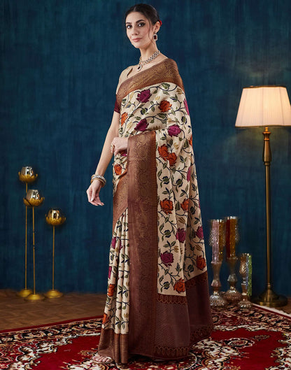 Beige Printed Silk Saree