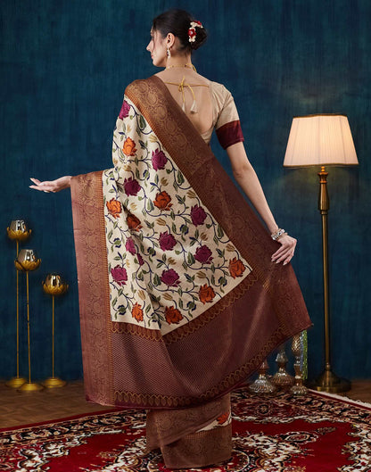 Beige Printed Silk Saree