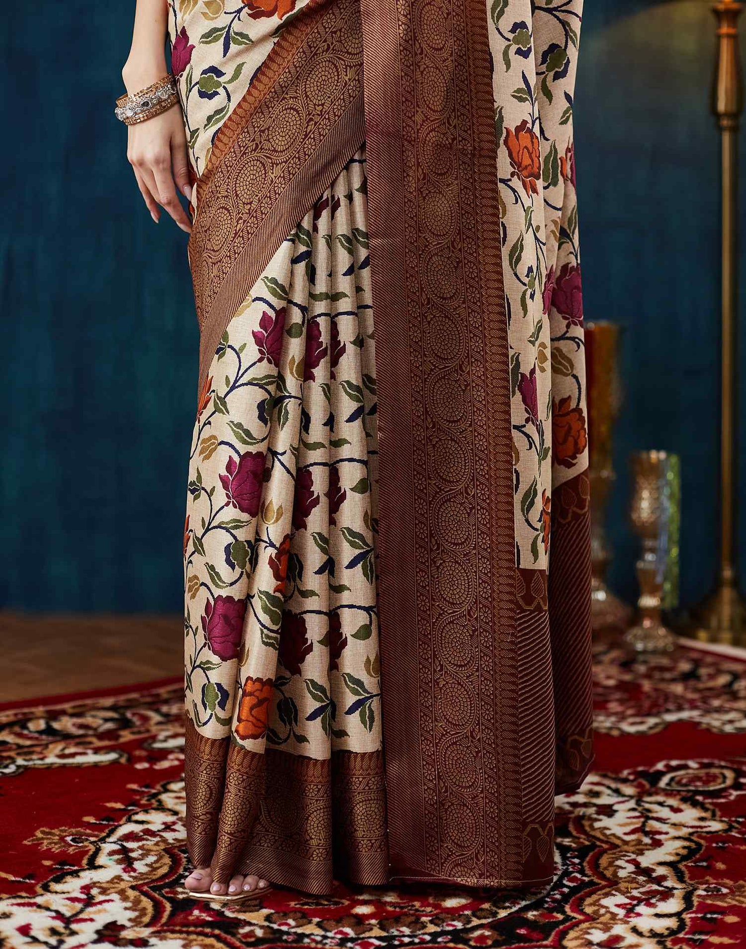 Beige Printed Silk Saree