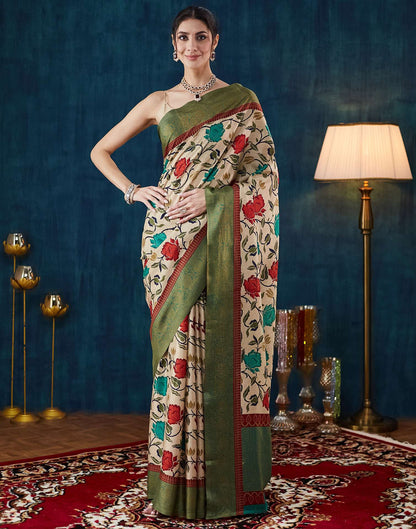 Beige Printed Silk Saree